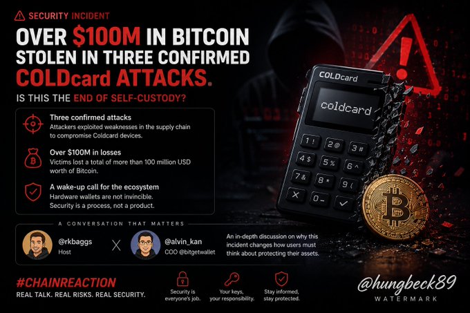 A dark promotional graphic titled 'CHAINREACTION' warns of 'OVER $100M IN BITCOIN STOLEN IN THREE CONFIRMED COLDcard ATTACKS,' showing a hacker silhouette and a Coldcard hardware wallet.