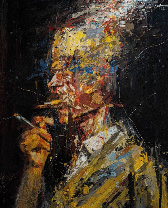 A heavily textured, expressionist painting of a man playing a flute, rendered with chaotic strokes of yellow, black, red, and white paint.