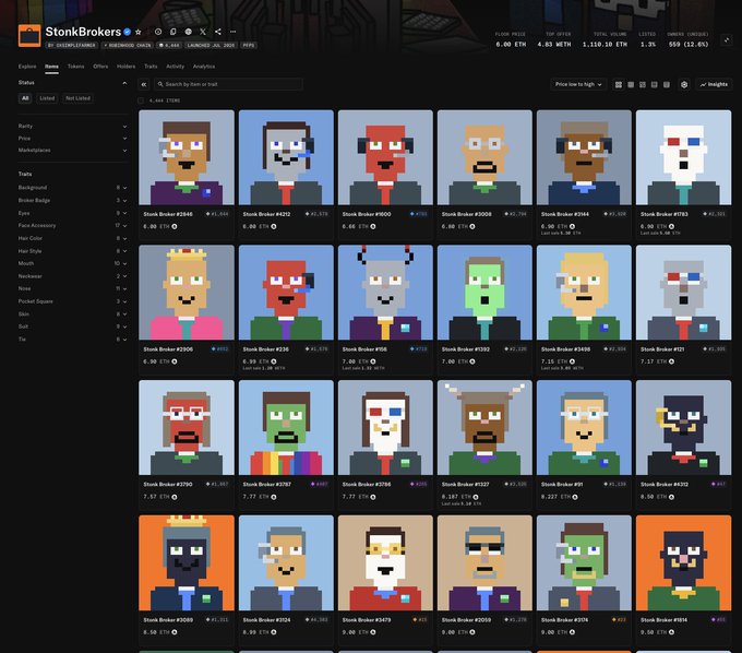 The StonkBrokers NFT marketplace interface showing a grid of pixelated stock broker character avatars with various traits, listings, and prices in ETH.