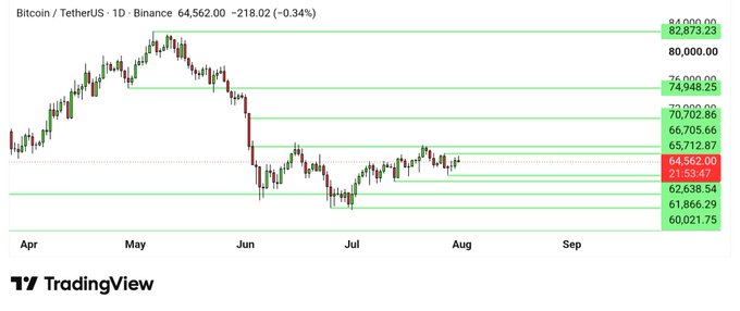 The image shows a Bitcoin/TetherUS (BTCUSDT) daily candlestick chart on Binance, with BTC trading at $64,562.00 (down 0.34%) and visible price levels including resistance at $65,712.87, $66,705.66, and $70,702.86, with support at $62,638.54 and $61,866.29. The chart visually supports the post's message by showing BTC consolidating in the 63k-65k range between July and August, unable to break above the key $66k resistance level.