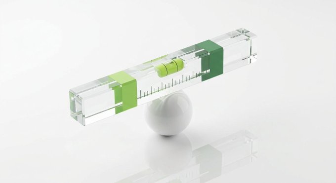 A transparent bubble level with a green air bubble centered between green markers rests on a white sphere, symbolizing balance and stability. The image visually represents the post's message about striving for equilibrium and consistent performance for the Boba Network regardless of market conditions.