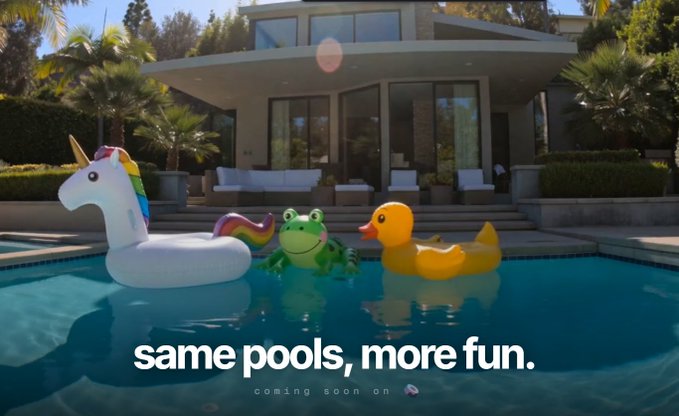 Three inflatable pool toys (a unicorn, frog, and rubber duck) float in a backyard pool in front of a modern house, with the text "same pools, more fun. coming soon on 🦄" displayed across the image — appearing to tease an upcoming unicorn-themed crypto project that ties into the poster's playful poolside aesthetic.