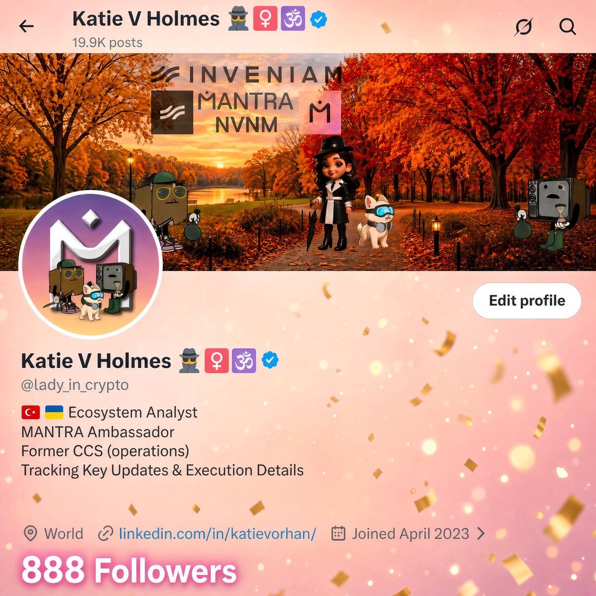 Twitter profile for 'Katie V Holmes' (@lady_in_crypto), identified as an Ecosystem Analyst and MANTRA Ambassador, with 888 followers and 19.9K posts.