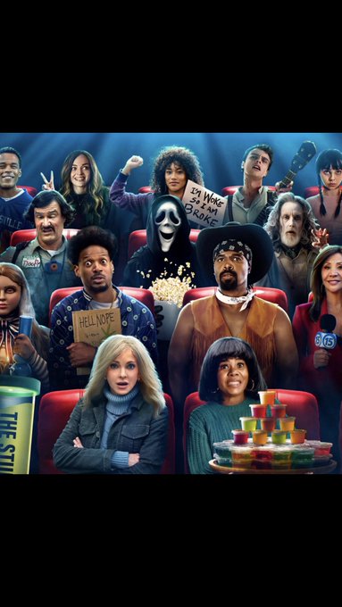 The image features a movie poster of "Scary Movie" from AMC. The poster depicts an audience filled with people enjoying their time at the theater, some sitting in front of popcorn while others are standing around in their seats, all focused on watching the movie. The movie's title is prominently displayed along with its release date and gross revenue, indicating that it has been a huge success. The post highlights how much money this particular movie has generated worldwide and emphasizes the popularity of "Scary Movie" as an enjoyable experience for audiences.