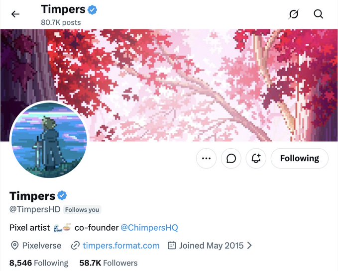A Twitter/X profile page for "Timpers" (@TimpersHD), a verified pixel artist and co-founder of @ChimpersHQ, with 80.7K posts and pixel art banner art featuring pink cherry blossoms.