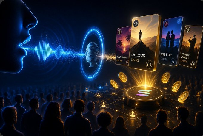A digital illustration showing a profile speaking into a microphone with sound waves, connected to floating cards labeled 'Life Lessons', 'Love Story', 'Founder Journey', and 'Travel Diaries' with prices in SOL tokens, above a crowd of people.