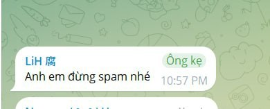 A WhatsApp chat in Vietnamese shows a message from 'LiH' saying 'Anh em đừng spam nhé' (Guys don't spam) with a reply from 'Ông kẹ'.