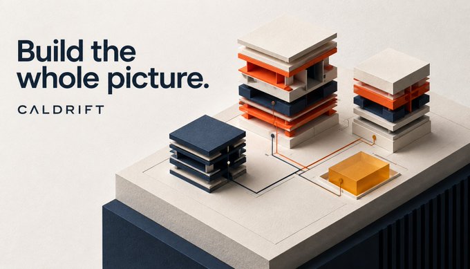 A stylized architectural graphic with stacked geometric buildings connected by red and blue lines, alongside the text “Build the whole picture.” and the name “CALDRIFT.”