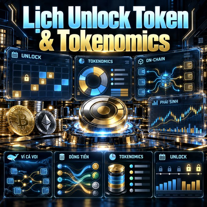 A digital graphic titled 'Lịch Unlock Token & Tokenomics' featuring various cryptocurrency-themed dashboard panels with charts, coins, and Vietnamese text such as 'VĨ CẢ VOI', 'DÒNG TIỀN', and 'PHÁI SINH'.
