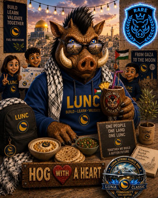 A promotional graphic features an anthropomorphic warthog wearing glasses and a 'LUNC' (Build • Learn • Validate) hoodie, alongside children holding signs, food items, and text including 'HOG WITH A HEART', 'FROM GAZA TO THE MOON', and a 'LUNA STRIKE FORCE' badge.