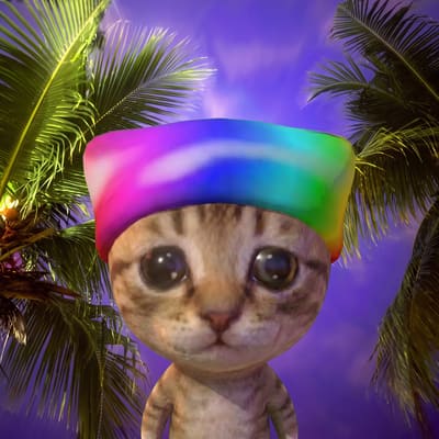 A 3D-rendered kitten character with big eyes wearing a brightly colored rainbow tie-dye hat, set against a tropical background with palm trees and a purple sky.