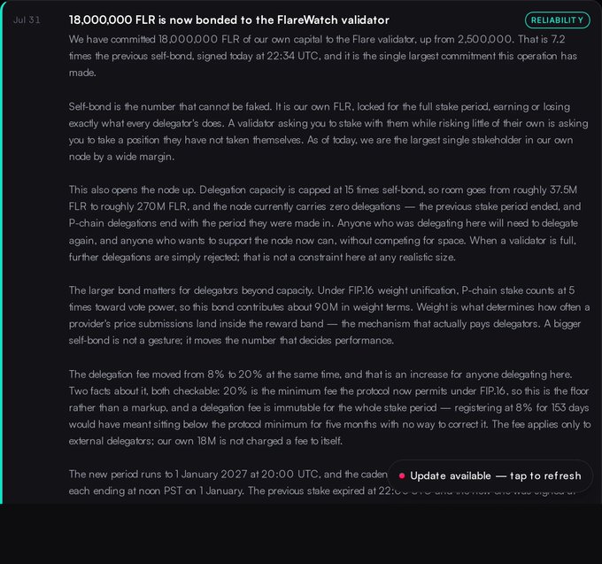 A screenshot of an article dated Jul 31 titled '18,000,000 FLR is now bonded to the FlareWatch validator,' discussing a capital commitment and its impact on delegation capacity and fees.
