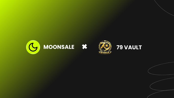 A promotional graphic on a green-to-black gradient background announcing a partnership between 'MOONSALE' and '79VAULT'.