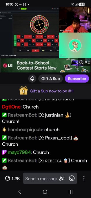 The image shows a livestream chat screenshot from what appears to be a gambling/streaming interface featuring a roulette wheel, with a banner advertising a "Back-to-School Contest" sponsored by LG and a streamer's facecam visible in the top right. The chat shows multiple users typing "Church" and references to "ApeChurch," connecting to the post's mention of "@apechurch" as a community gathering moment during the stream.