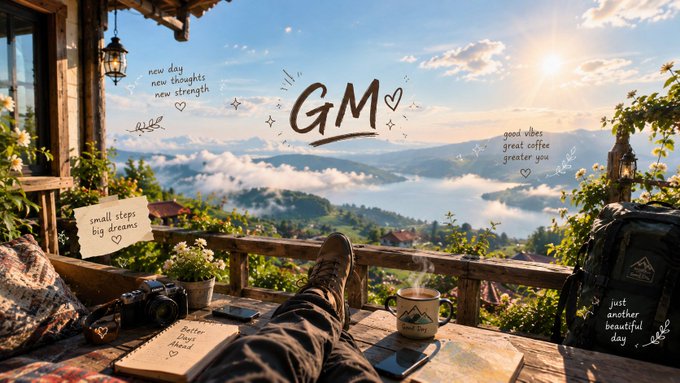 A scenic illustration of a balcony overlooking a misty mountain landscape with a coffee cup and journal in the foreground, accompanied by motivational text including 'GM', 'new day new thoughts new strength', 'good vibes great coffee greater you', 'small steps big dreams', and 'just another beautiful day'.