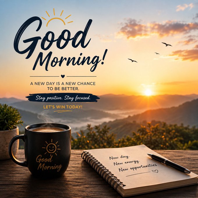 A 'Good Morning!' greeting graphic showing a steaming coffee mug, a notebook with 'New day. New energy. New opportunities.', and a sunrise over mountains, with the text 'A NEW DAY IS A NEW CHANCE TO BE BETTER.'