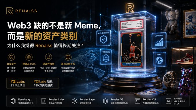 A promotional banner for 'RENAISS' stating 'Web3 缺的不是新 Meme, 而是新的资产类别' (Web3 doesn't lack new Memes, but new asset classes), featuring a digital trading card of basketball player Michael Jordan alongside luxury items.