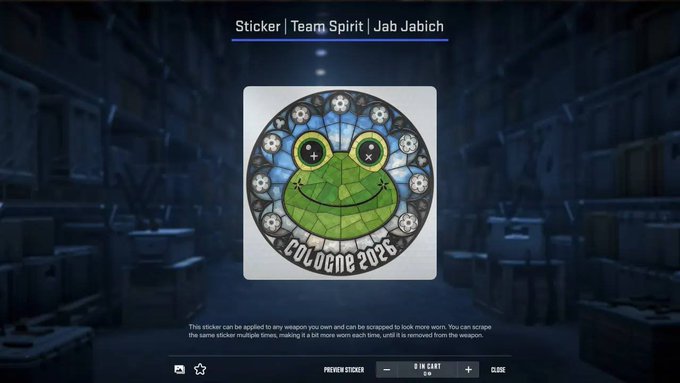 A video game sticker display showing a 'Team Spirit | Jab Jabich' Cologne 2026 frog-themed sticker for a CS:GO weapon skin.