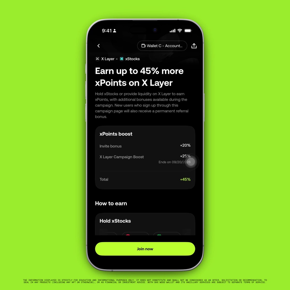 A smartphone displays a promotional page for X Layer and xStocks, advertising that users can "Earn up to 45% more xPoints on X Layer" through a +20% invite bonus and +25% X Layer Campaign Boost (ending 09/20/2026), with a green "Join now" button. The screen illustrates the OKX Web3 campaign encouraging users to hold xStocks or provide liquidity to earn enhanced rewards, matching the post's call to action.