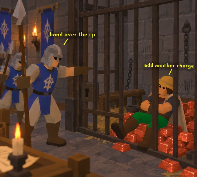 A video game scene depicts guards in blue uniforms outside a jail cell with text 'hand over the cp' pointing to one guard and 'add another charge' pointing to a character sitting on a pile of copper ingots inside.