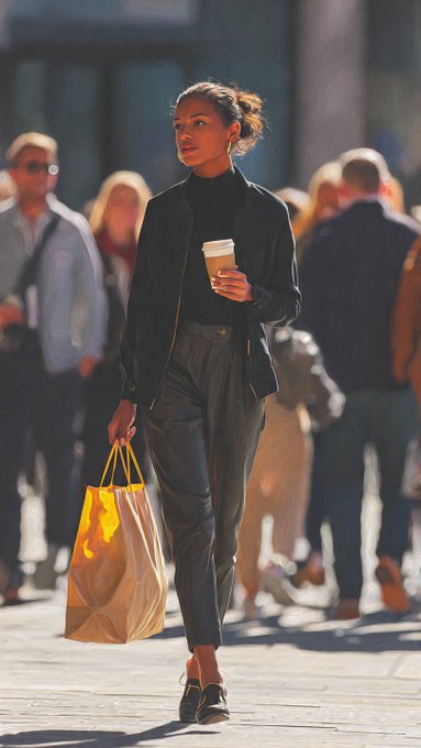 A stylish woman in a black jacket and leather pants walks down a sunny street carrying a coffee cup and a yellow shopping bag.