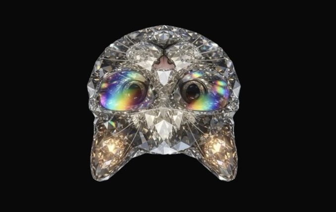 The image features a cat-shaped crystal that has been photoshopped with rainbow colors, giving it an eye-catching appearance. The cat's face is made of diamonds, making it look like a unique piece of art or jewelry. The caption below the image reads "My Cat fren liking every tweet that contains - @UpSideD0wnCat - Upside down cat - F3UfckxLPtCmFQZ8WDkDsYiwDHFzpdFrC1sfNkEofJH1 HODL is Diamond.", which provides a connection to the original post.
