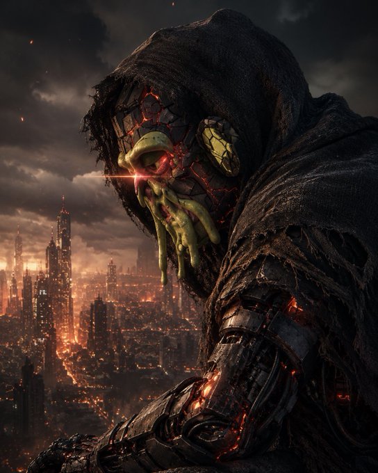 A dark, dramatic digital artwork of a hooded, mechanical figure with a cracked face, glowing red eyes, and green dripping facial features, overlooking a burning futuristic cityscape at night.