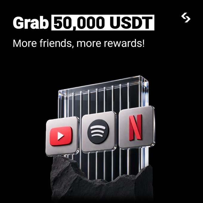 A promotional graphic featuring YouTube, Spotify, and Netflix icons displayed on a glass cube above rocky ground, advertising a chance to "Grab 50,000 USDT" with the tagline "More friends, more rewards!" tied to a referral rewards campaign.