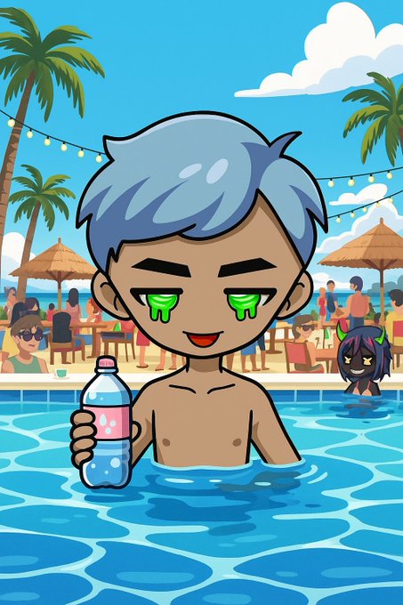 An animated illustration of a blue-haired character in a swimming pool holding a water bottle, with green liquid dripping from their eyes, set against a tropical beach scene with palm trees, umbrellas, and other characters.