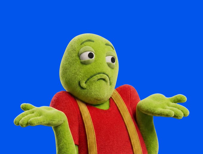 An image of Kermit the Frog in a red shirt with yellow suspenders, shrugging with both hands raised palms up against a bright blue background.