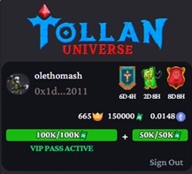 A user profile screen from 'TOLLAN UNIVERSE' showing the username 'olethomash' (0x1d...2011) with progress bars displaying 665/150000, 100k/100k, 50k/50k, and 'VIP PASS ACTIVE' status.