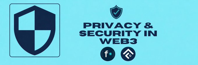 The image features a blue shield with a white circle through it, accompanied by a black shield with a white circle through it. The text "Privacy & Security In Web3" is written above these shields, indicating that they are related to privacy and security in the context of web3 technology.