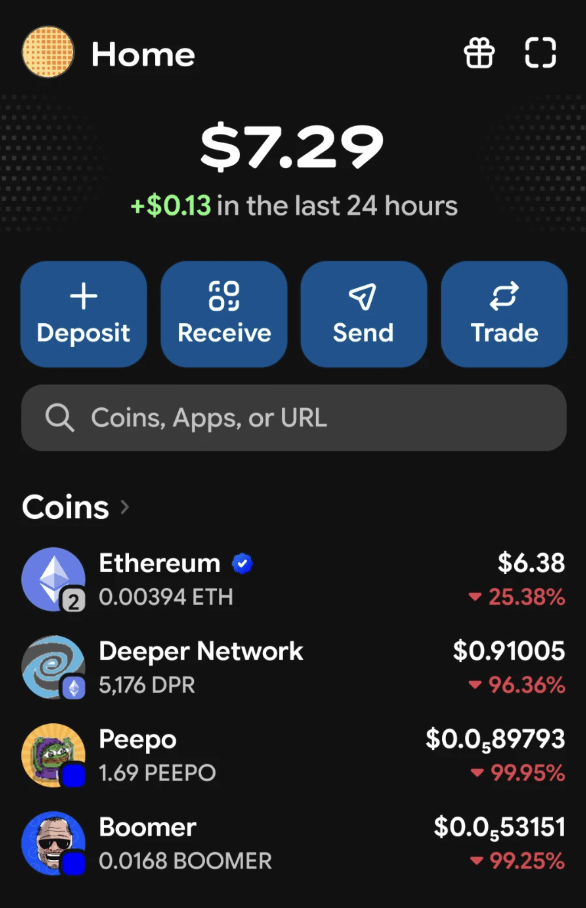 A screenshot of a Coinbase wallet home screen showing a total balance of $7.29 (up $0.13 in 24 hours), with holdings in Ethereum ($6.38), Deeper Network ($0.91), Peepo ($0.00089793), and Boomer ($0.000053151)—most of which have plummeted 96-99%, humorously illustrating the post's joke about the portfolio's rough state after recovering access to an old wallet.