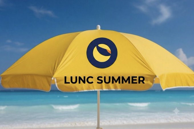 A bright yellow beach umbrella with "LUNC SUMMER" printed on it, displayed against a tropical ocean backdrop. The cheerful, vacation-themed imagery visually celebrates the Terra Classic community's relief and optimism as burdensome legal proceedings near their end, signaling a carefree summer ahead for building the project.
