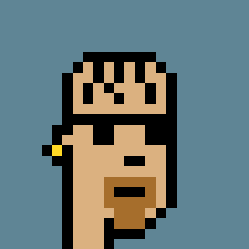 A pixel art illustration depicts a peach-colored figure holding a brown mug, with its face obscured by black vertical lines on a blue background.