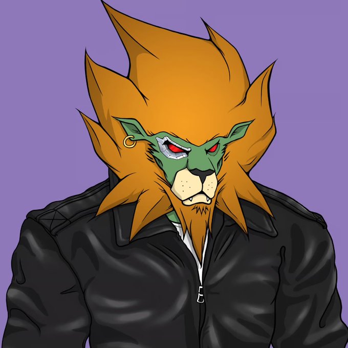 A digital illustration of an anthropomorphic lion character with a green face, red eyes, silver facial markings, a gold earring, and spiky orange mane, wearing a black leather jacket against a purple background.