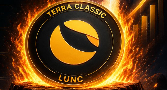 A dramatic image of the Terra Classic (LUNC) cryptocurrency logo engulfed in flames with a rising chart in the background.