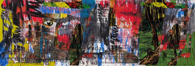 A colorful abstract mixed-media collage featuring chaotic brushstrokes, African-inspired imagery, and overlaid text including words like 'Reputable', 'References', 'Indan', and 'Civilization'.