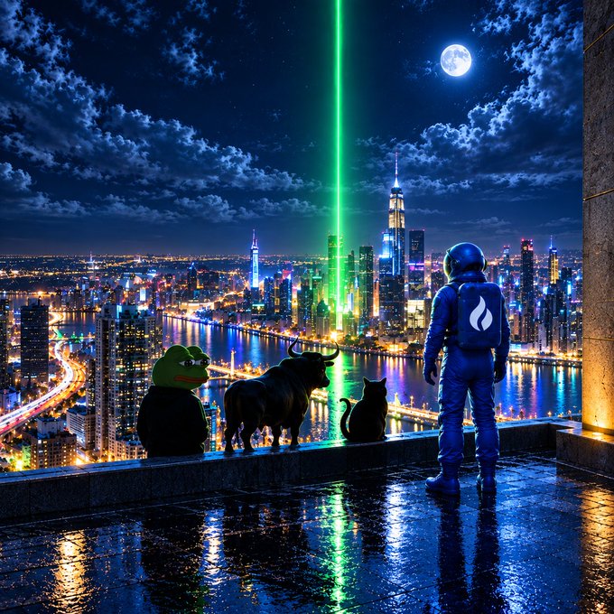 An astronaut with a flame logo on their backpack stands on a rooftop overlooking a glowing cityscape at night, accompanied by Kermit the Frog, a bull, and a black cat, while a vibrant green beam of light shoots skyward among the skyscrapers. The "signs" alluded to in the post appear as the diverse, symbolic companions and the mysterious green pillar piercing the city skyline beneath a full moon.