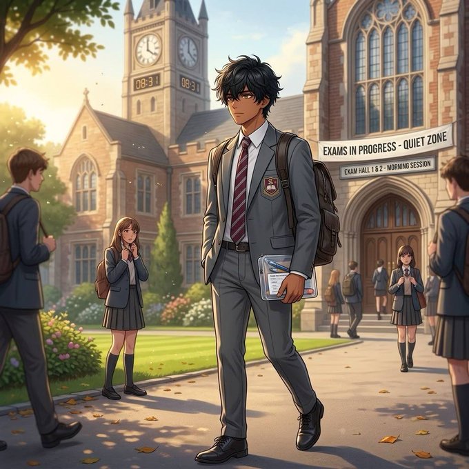 An anime-style illustration of a male student in a gray uniform carrying a folder, walking on a school campus with a clock tower showing '08:31' and a sign reading 'EXAMS IN PROGRESS - QUIET ZONE, EXAM HALL 1 & 2 - MORNING SESSION'.