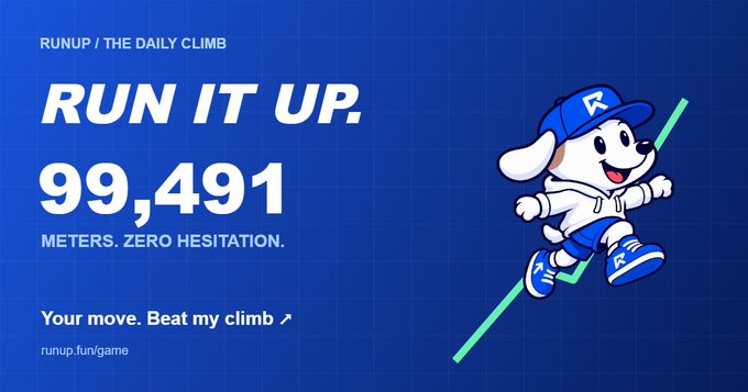 A Runup promotional graphic showing 'RUN IT UP. 99,491 METERS. ZERO HESITATION.' with a cartoon dog mascot and the URL runup.fun/game