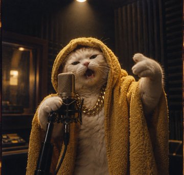 An AI-generated image of a white cat wearing a yellow hooded robe and gold chain, singing passionately into a studio microphone.