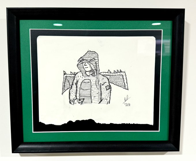 The image captures a framed illustration of a hooded figure with dragon wings, set against a minimalist background. The accompanying post text suggests that the artwork symbolically represents "solana's green comeback after 10 red months," with the figure's wings likely symbolizing a breakthrough or positive change after a prolonged period of decline or struggle. This interpretation is an analytical connection rather than an explicit element of the artwork itself, serving as a metaphorical commentary on the depicted symbolism.