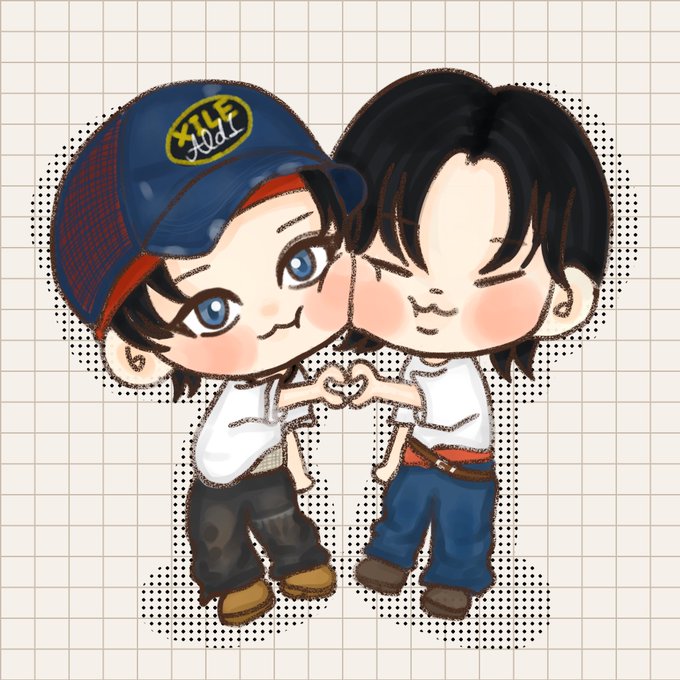A chibi-style cartoon illustration of two boys making a heart shape with their hands; one wears a blue cap labeled 'KTH Add.'