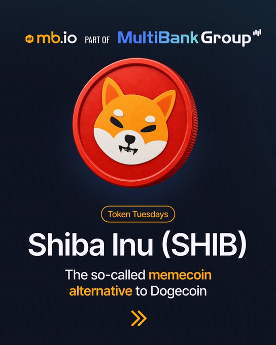 A promotional graphic from mb.io / MultiBank Group's 'Token Tuesdays' series featuring a Shiba Inu coin mascot and describing Shiba Inu (SHIB) as 'the so-called memecoin alternative to Dogecoin.'