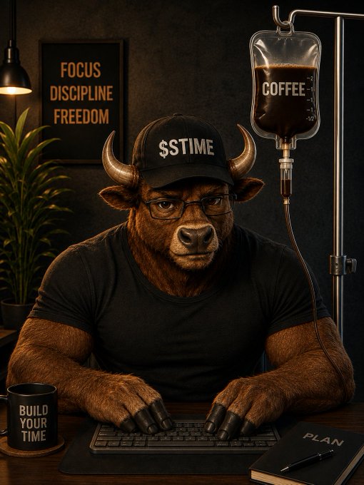 A digital artwork of an anthropomorphic bull wearing glasses and a black cap that reads "$TIME," sitting at a desk typing on a keyboard while receiving an IV drip labeled "COFFEE," with wall art reading "FOCUS DISCIPLINE FREEDOM."
