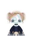 A small chibi-style doll or figure with pale blonde hair in pigtails, large blue eyes, and a dark outfit.