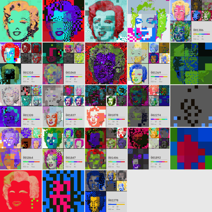 A colorful Warhol-style collage grid featuring multiple repeated images of Marilyn Monroe in various neon color treatments with visible numeric labels like 001386, 001310, and 001878.