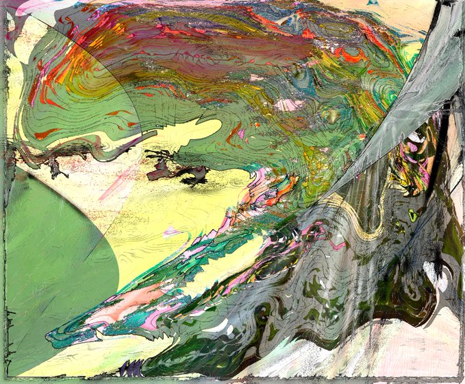 An abstract painting featuring swirling colors of green, grey, red, and yellow.