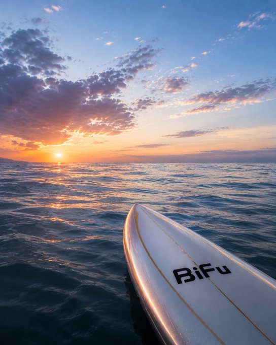 A photograph of a sunset over the ocean taken from the perspective of a surfer, with the tip of a white surfboard labeled "BiFu" visible in the foreground and golden sunlight reflecting off the water.